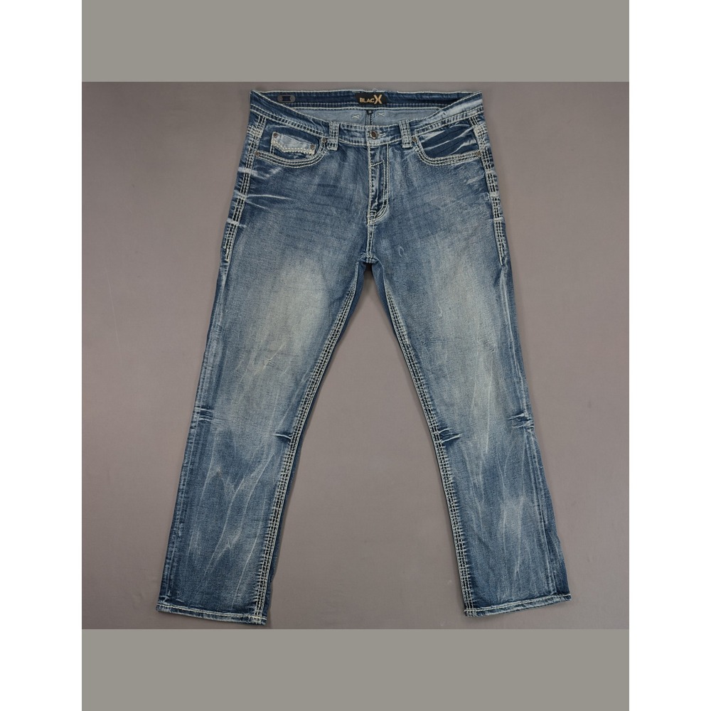 BlacX Mens 36 Bootcut Jeans Western Heavy Stitch Distressed Y2K Denim